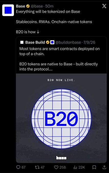 A Twitter/X post from @base announcing 'Everything will be tokenized on Base,' highlighting that B20 tokens are native to the Base protocol with a large 'B20 NOW LIVE' globe graphic.