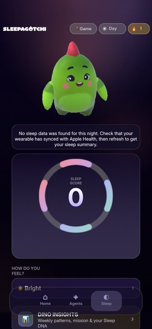The Sleepagotchi app interface shows a green character with the message 'No sleep data was found for tonight. Check that your wearable has synced with Apple Health' and a Sleep Score of 0.