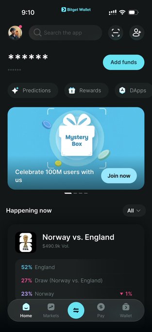 A mobile screenshot of the Bitget Wallet app showing a 'Mystery Box' promotion to 'Celebrate 100M users with us,' an 'Add funds' button, and a 'Happening now' prediction market for 'Norway vs. England' with 52% odds on England.