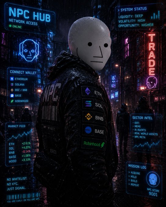 A cyberpunk-style illustration of a figure in a hoodie wearing a blank mask, surrounded by trading interface panels showing 'NPC HUB NETWORK ACCESS,' 'ETH,' 'SOL,' 'BNB,' 'BASE,' and 'Robinhood' with market percentages and 'SYSTEM STATUS' indicators.