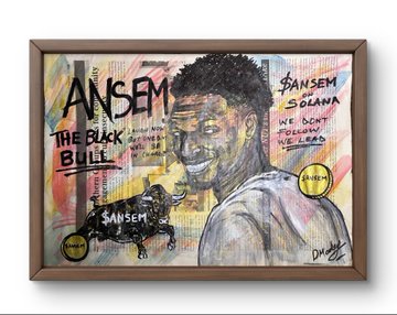 Framed pop-art style artwork labeled 'ANSEM' and 'THE BLACK BULL' with graffiti-style text reading 'WE DON'T FOLLOW WE LEAD' and '$ANSEM TO THE SOLANA'.