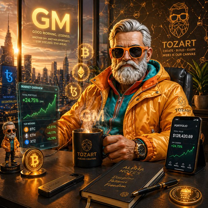 A stylized 'Good Morning, Legends' illustration of a silver-bearded man in an orange jacket and sunglasses holding a TOZART mug, surrounded by crypto portfolio displays, a Bitcoin physical coin, and an Alpha Notes journal.