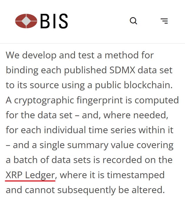 The image shows a snippet from the BIS (Bank for International Settlements) website describing a method for binding SDMX data sets to their source using a public blockchain, specifically referencing the XRP Ledger. The post celebrates this as confirmation that BIS is utilizing the XRPL for timestamping data, marking a significant milestone for the XRP community.