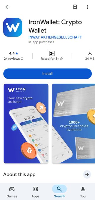 A screenshot of the Google Play Store page for the 'IronWallet: Crypto Wallet' app by INWAY AKTIENGESELLSCHAFT, showing a 4.4-star rating and an 'Install' button.