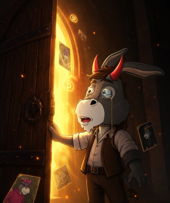 A digital illustration depicts an anthropomorphic donkey character with red horns and a monocle, dressed in a vest, opening a large wooden door to reveal glowing cards with cartoon character portraits.