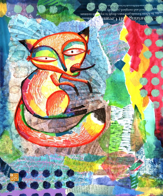 A colorful, textured mixed-media collage of an abstract cat-like figure surrounded by vibrant paper pieces, patterns, and torn text fragments.