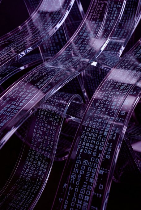 Twisted, translucent ribbons display cascading streams of binary code in shades of purple, evoking hidden data channels flowing beneath the surface of information networks. The image visually echoes the "Undercurrent — Carrier Signals" concept by suggesting unseen digital currents transporting coded messages, with the numbers "0" and "1" repeating as faint carrier waves along the swirling forms.