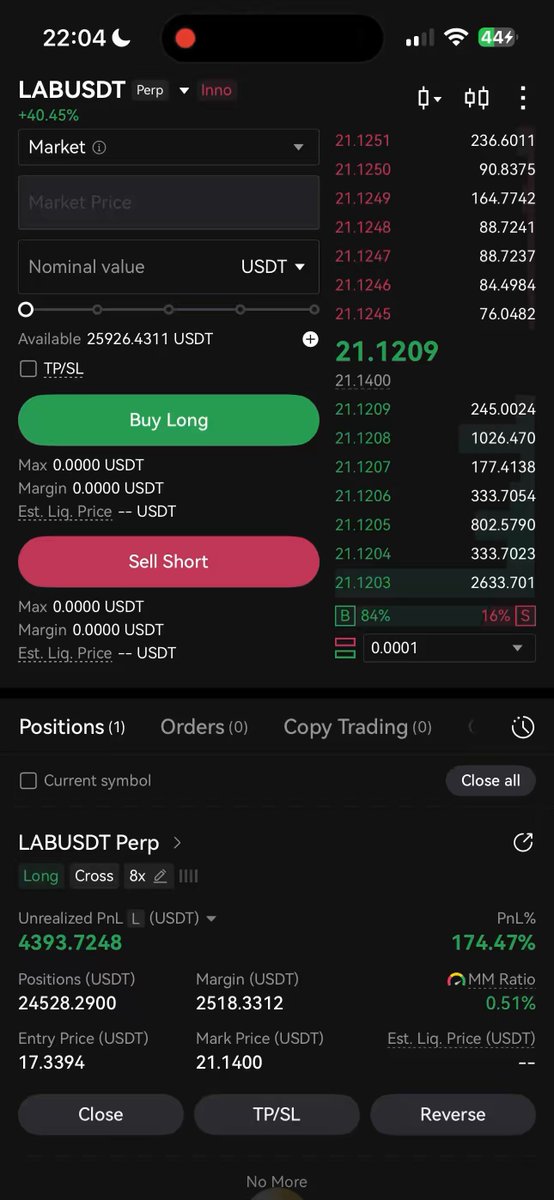 The image features a phone screen displaying various financial indicators related to a trading account held at Labusstips. The primary focus of the cell phone screen is the market positions of a stock that has increased by over 200% within just one day, which brings up the profit margin to 202,000. There's also an active market order for Labusstips, and the app shows multiple orders being executed on the same platform.