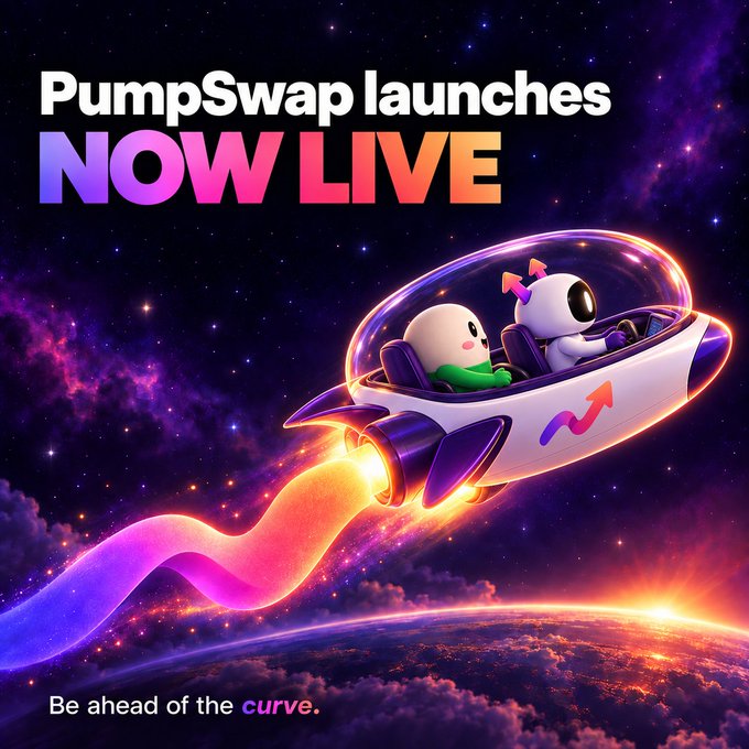 A promotional graphic for 'PumpSwap launches NOW LIVE' featuring two cartoon characters in a rocket ship flying through space, with the tagline 'Be ahead of the curve.'