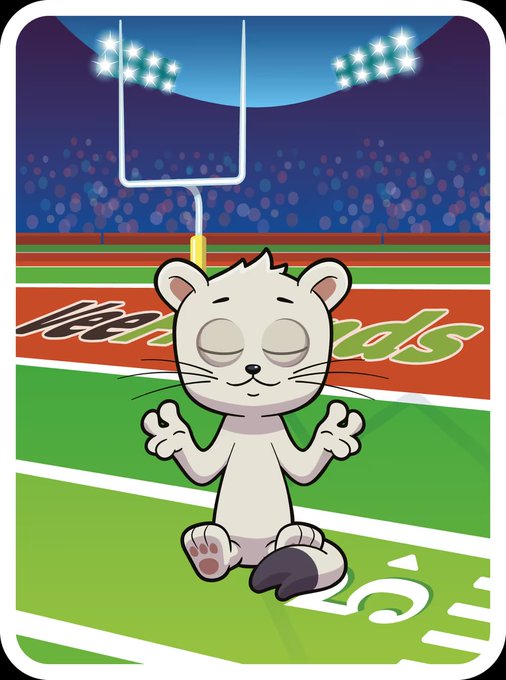 A cartoon illustration of a white ferret with closed eyes sitting in a meditative pose on a football field, with stadium lights in the background and partial text reading 'No' and 'rds'.