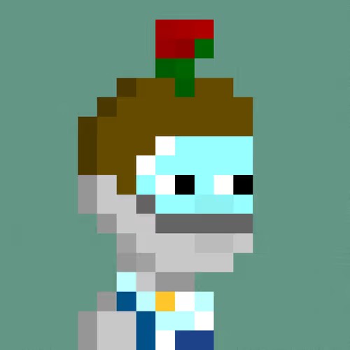 A pixel art character resembling a medical worker with a white coat, blue scrubs, and a red and green hat against a teal background.