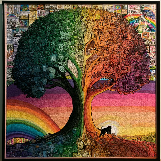 A vibrant, colorful illustration of a large tree with a rainbow gradient across its canopy and trunk, filled with cartoon faces and characters, set against a sunset landscape with a silhouette figure.