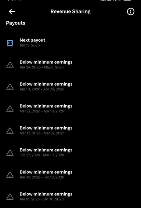 The image shows a phone screen with a list of dates, including "02/27/20", "03/28/20", and "04/29/20". The text on the screen reads "Next Payout", "Below minimum earnings", and "Below minimum payments". These details are related to an app called "Revenue Sharing" that is used for sharing money with others. The image also contains a caption that says, "Wondering when I will receive my first X Payouts Share your proof?".