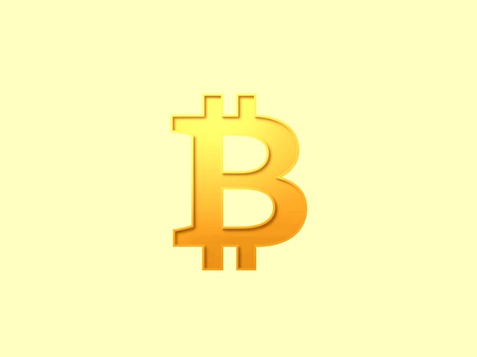 A gold 3D rendering of the Bitcoin symbol '₿' against a light yellow gradient background.