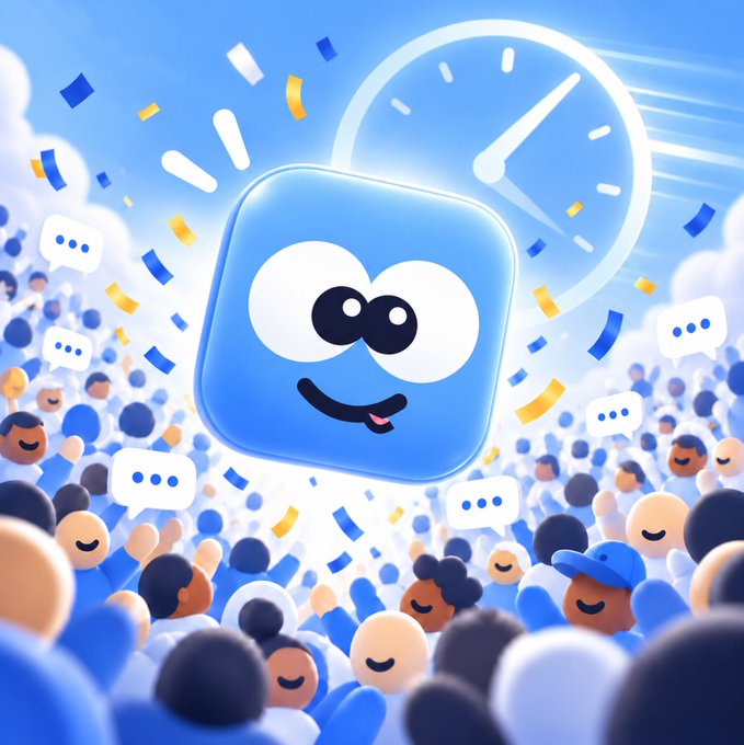 A 3D illustration of a smiling blue app icon with googly eyes and a tongue sticking out, surrounded by a crowd of people, chat bubbles, confetti, and a clock face in the background.