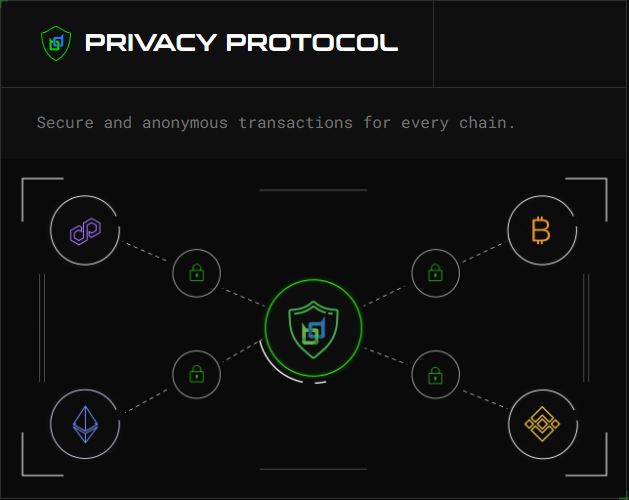 A 'Privacy Protocol' infographic illustrating secure and anonymous transactions connecting various cryptocurrency logos, including Polygon and Binance Coin, to a central shielded icon.