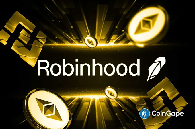 A digital graphic featuring the white 'Robinhood' logo and feather icon centered on a black background, surrounded by 3D golden Binance cryptocurrency coins and glowing light effects, with a 'CoinGape' watermark in the corner.