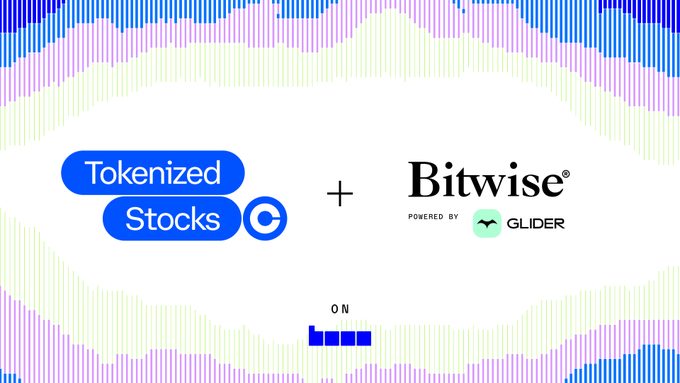 The image announces a partnership between Coinbase's Tokenized Stocks on Base, Bitwise (powered by Glider), and Chainlink, with Aerodrome ("ON") positioned as the trading venue—visually supporting the post's claim that Coinbase is launching tokenized equities on Base while Bitwise builds on top of that offering.