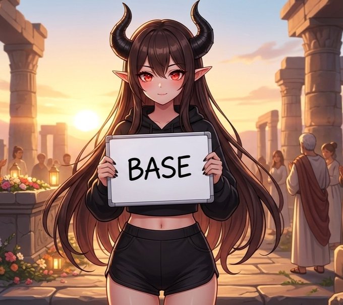 The image features a girl with long brown hair, wearing shorts and holding up a sign that says "base" written in white letters. The background of the image shows an outdoor scene with people walking around and buildings visible behind them. There are also flowers present in the scene. The caption to the image reads "@Baseapp @BaseHubHB".