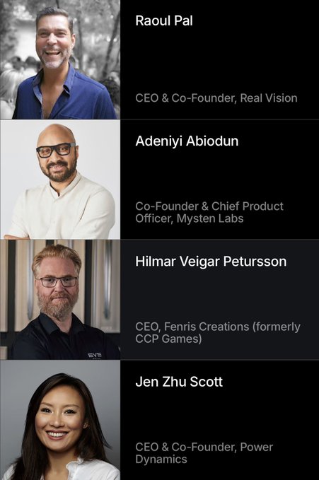 A promotional graphic for Sui Basecamp 2026 featuring headshots and titles of four featured speakers: Raoul Pal (CEO & Co-Founder, Real Vision), Adeniyi Abiodun (Co-Founder & Chief Product Officer, Mysten Labs), Hilmar Veigar Petursson (CEO, Fenris Creations, formerly CCP Games), and Jen Zhu Scott (CEO & Co-Founder, Power Dynamics).