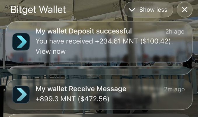 Bitget Wallet notification overlay showing 'My wallet Deposit successful - You have received +234.61 MNT ($100.42)' from 2h ago and 'My wallet Receive Message - +899.3 MNT ($472.56)' from 2m ago.