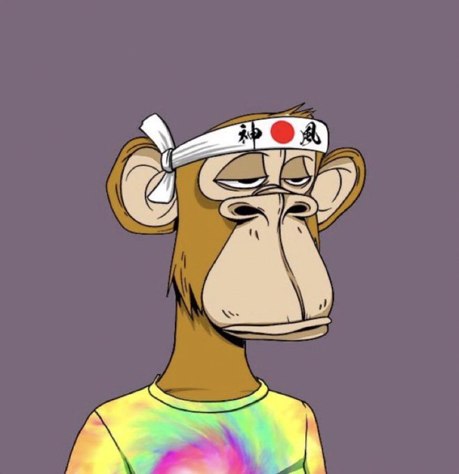 The image features a cartoon monkey wearing a white headband with red dots, giving him a unique appearance. The monkey appears to be dressed in a tie-dye shirt or a colorful top, which adds to his distinct look. The background of the image is purple, providing a contrasting backdrop for the monkey's vibrant attire and the white headband.