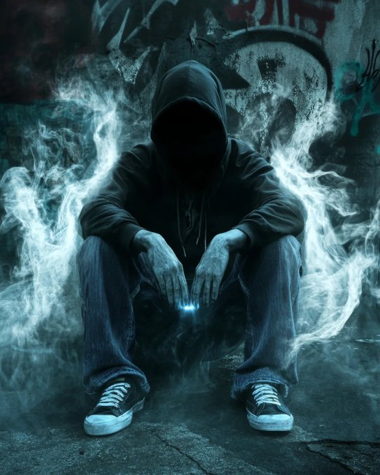 A hooded figure crouches in dark surroundings surrounded by swirling blue smoke or flame effects.