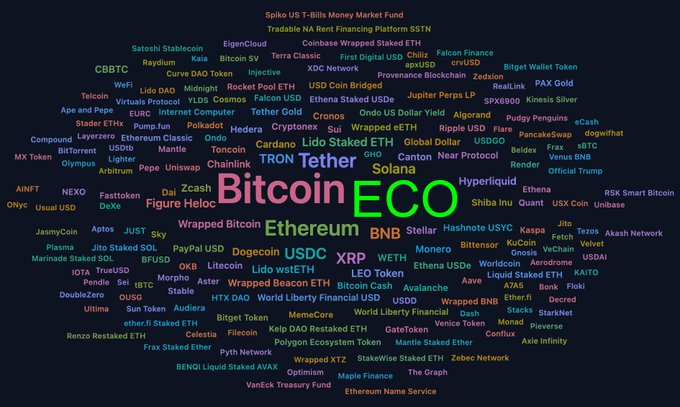 The image is a word cloud highlighting cryptocurrencies and financial terms, with "ECO" and "Bitcoin" prominently featured in large green and pink text at the center, surrounded by other assets like Solana, Ethereum, Tether, XRP, and USDC. This visually emphasizes the dominance of ECO and Bitcoin in the discussion, tying to the post's mention of $S and $ECO as the standout results.