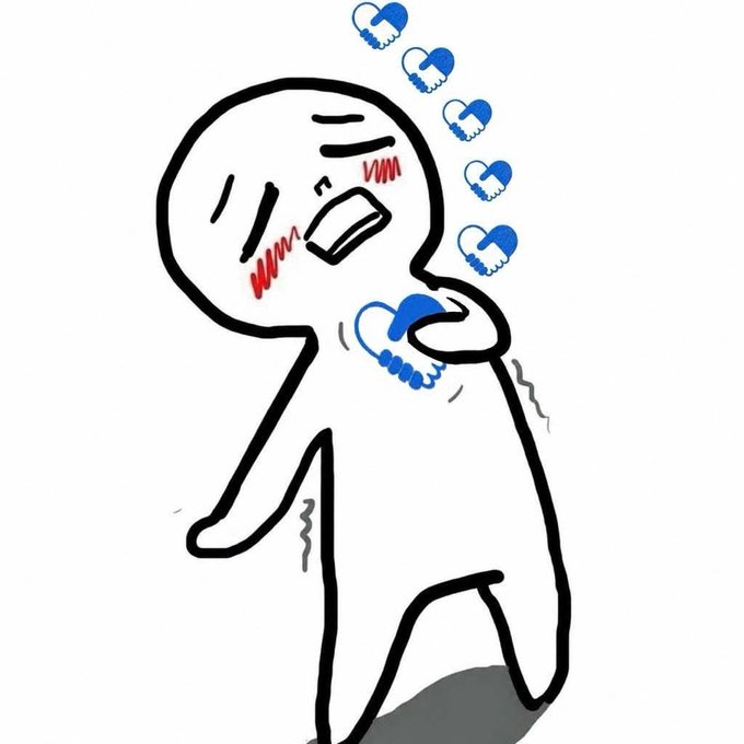 A cartoon figure is clutching its chest, overwhelmed by a cascade of blue and white handshake hearts floating down. This image visually represents the feeling of being touched or moved by new submissions.