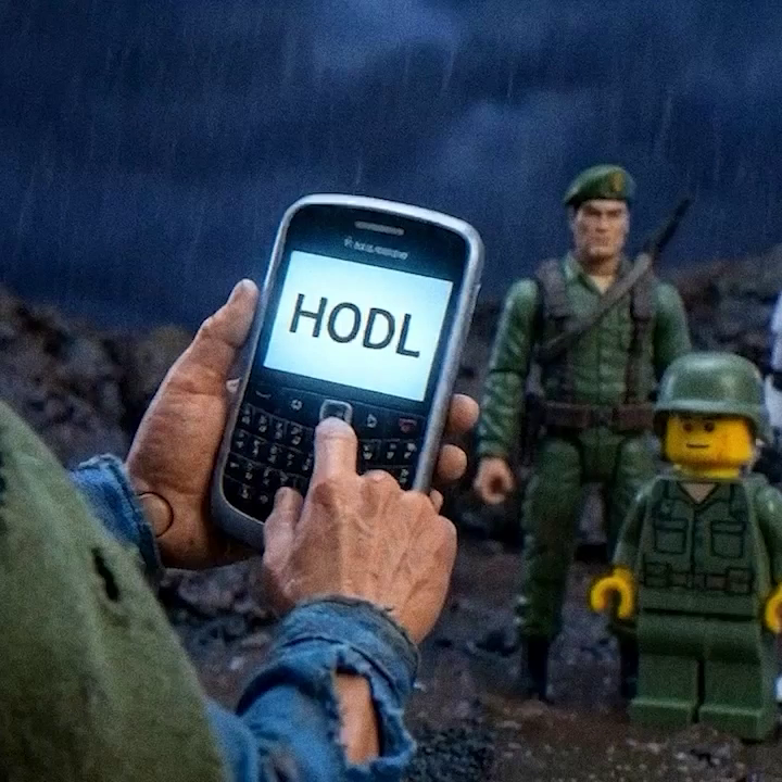 A person in denim uses a BlackBerry phone displaying the text "HODL" in a mountainous setting, with a military action figure and a green LEGO soldier figure standing in the background.