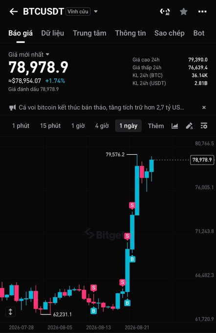 A crypto price chart for "BTCUSDT" showing Bitcoin trading at 78,978.9, up 1.74% (≈$78,954.07), displayed on what appears to be the Bitget exchange in Vietnamese.
