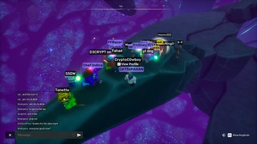 A screenshot from a video game showing multiple characters gathered together with various usernames displayed above them.