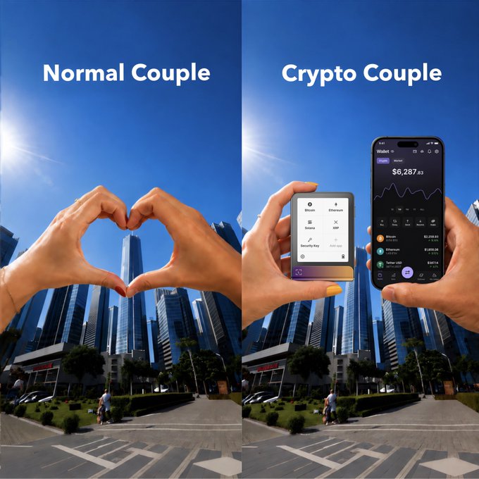 A side-by-side comparison meme showing a 'Normal Couple' making a heart shape with their hands versus a 'Crypto Couple' displaying a hardware wallet and phone app showing $6,287.83 in Bitcoin, Ethereum, and Tether holdings.