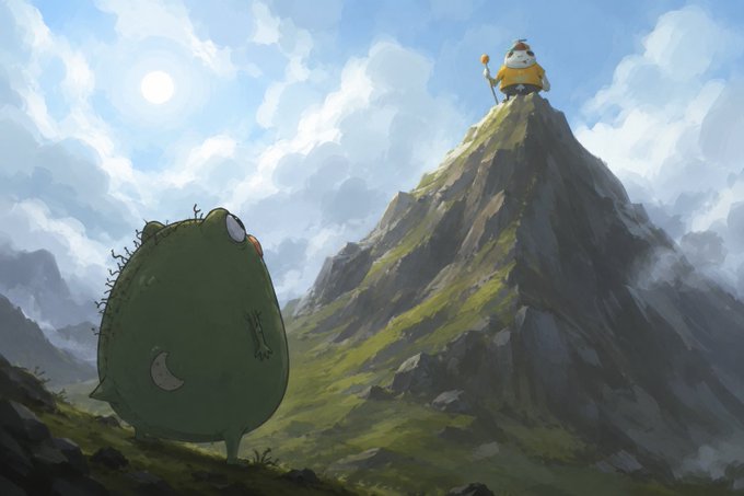 A whimsical digital illustration showing a green blob-like creature looking up at a small figure with a staff standing atop a misty mountain peak under a cloudy sky.