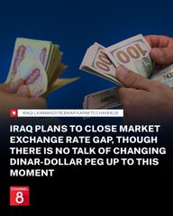 The image is a news headline graphic showing hands exchanging Iraqi dinar and US dollar banknotes, with text reading "IRAQ PLANS TO CLOSE MARKET EXCHANGE RATE GAP, THOUGH THERE IS NO TALK OF CHANGING DINAR-DOLLAR PEG UP TO THIS MOMENT," highlighting the ongoing debate over whether removing zeros from the currency would affect its exchange rate value.