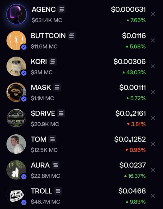 A cryptocurrency list displays tokens including AGENC ($631.4K MC, +7.65%), BUTTCOIN ($11.6M MC), KORI ($3M MC, +43.03%), MASK ($1.1M MC), $DRIVE ($20.9K MC), TOM ($12.5K MC), AURA ($22.8M MC, +16.37%), and TROLL ($46.7M MC, +9.83%).