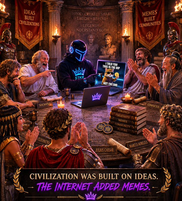 A digital artwork depicting historical figures including Socrates, Cleopatra, Julius Caesar, Marcus Aurelius, and Confucius gathered around a table with a hooded figure in a glowing mask, captioned 'CIVILIZATION WAS BUILT ON IDEAS. THE INTERNET ADDED MEMES.' with banners reading 'IDEAS BUILT CIVILIZATIONS' and 'MEMES BUILT COMMUNITIES.'