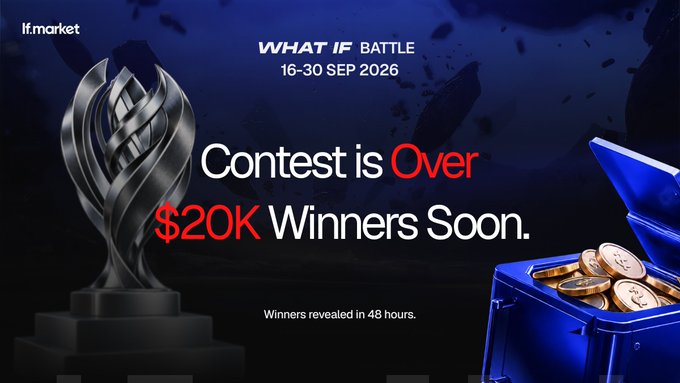 An lf.market promotional banner announces 'Contest is Over' with '$20K Winners Soon' for a battle held 16-30 SEP 2026, featuring a silver trophy and a blue chest filled with gold coins.