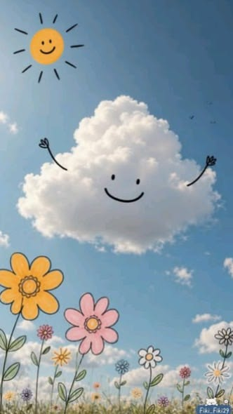 A whimsical illustration featuring a smiling cloud with stick arms, a smiling sun in the corner, and colorful cartoon flowers in a field under a blue sky.