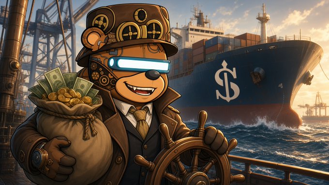 A steampunk-style anthropomorphic bear captain in a top hat and glowing goggles clutches a sack overflowing with cash and coins at the helm of a ship, with a large cargo vessel marked "$" in the background. The image visually represents the post's theme of EthraShip's maritime operations generating cash flow through dry bulk shipping, with the dollar sign symbolizing the yield from Harbor deposits.
