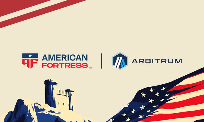 The image presents an American Fortress logo that is accompanied by an American Arbitrum logo. The logos are placed next to each other, both set against a backdrop featuring the American flag with a castle visible in the background. The American Arbitrum logo displays a dollar value of $16B relative to the entire L2 market.