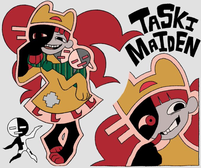 A stylized illustration titled "TASKI MAIDEN" featuring two versions of a character with a crown-like hat, one in a yellow dress holding a small figure, and another close-up portrait.