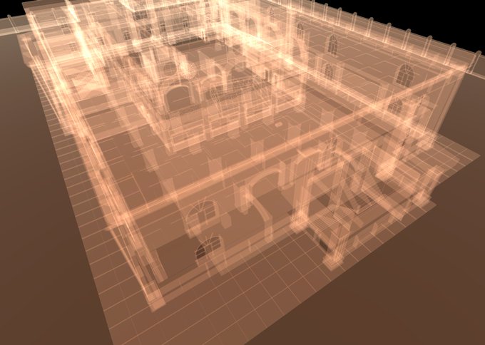 A translucent, sepia-toned wireframe rendering showcases the multi-level architectural layout of a building, possibly serving as the bank building for the new heist gameplay mode mentioned in the post.