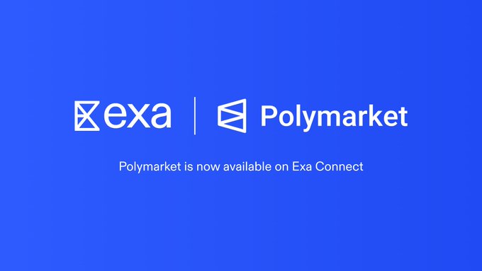 A blue promotional banner announcing 'Polymarket is now available on Exa Connect' featuring the logos of both exa and Polymarket.