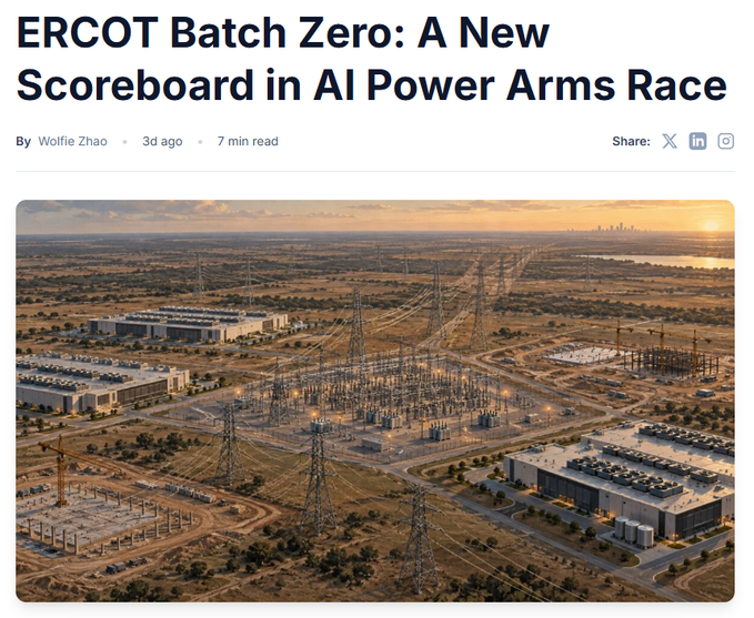 An article header titled 'ERCOT Batch Zero: A New Scoreboard in AI Power Arms Race' by Wolfie Zhao (3d ago, 7 min read) with a share bar, above an aerial photo of a power substation surrounded by industrial buildings at sunset.