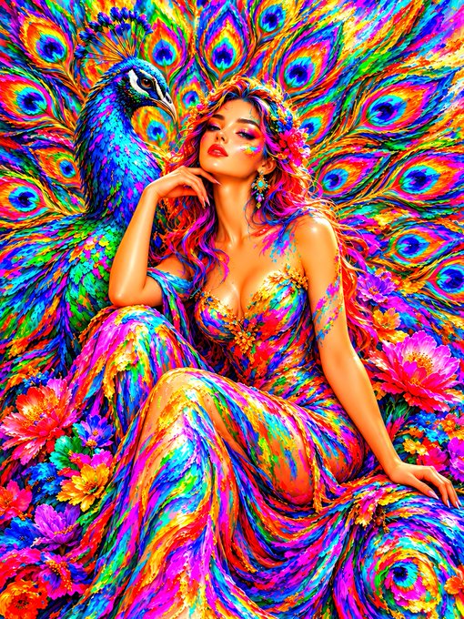 A vibrant, colorful digital illustration depicts a woman in a flowing, multicolored dress sitting amidst an array of bright flowers with a peacock beside her.