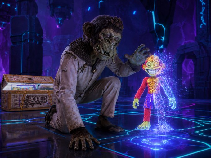 A cinematic scene featuring a werewolf-like creature kneeling beside a glowing, mischievous-looking animated character on a neon-lit magical platform with a 'Bored Mysteries' treasure chest in the background.