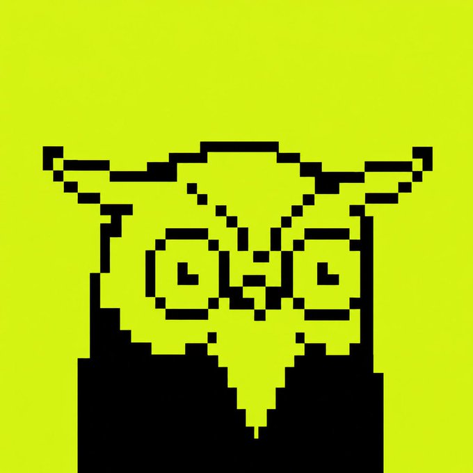 A pixel art style image with a bright yellow-green background, depicting a black, blocky character with large eyes and a V-shaped body.