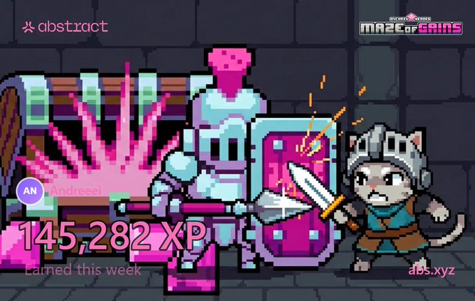 Abstract gaming screenshot showing user Andreei earned 145,282 XP this week in a pixel-art RPG dungeon game called Maze of Gains.