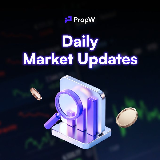 A 'PropW Daily Market Updates' promotional graphic featuring a 3D illustration of a magnifying glass examining bar charts with coins floating around.